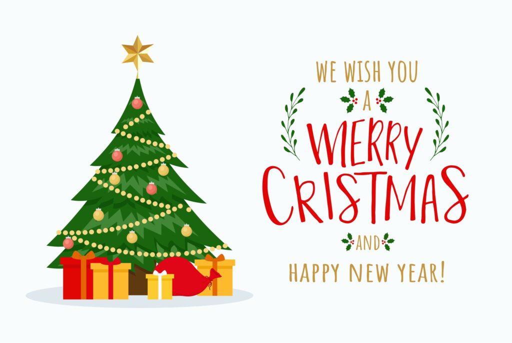 Vector Christmas Greeting Card With Christmas Tree And Decorations, Gift Boxes And Lettering. Holiday Poster,card,banner